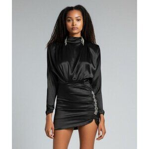 Alessandra Rich Black Silk Embellished Mini Dress Crystal Detail, Ruch - Size 10